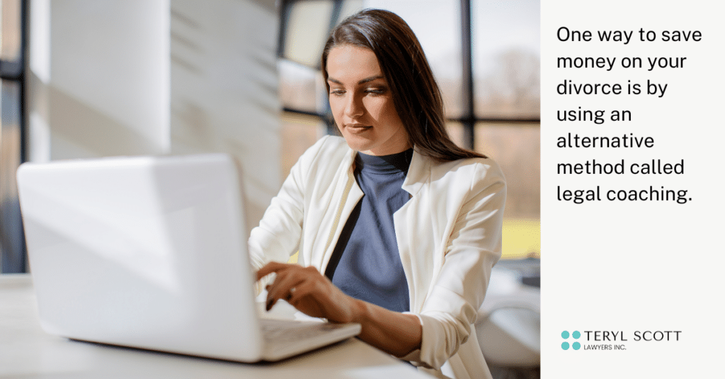 A woman is researching "how to save money on my divorce" and is learning about a method called legal coaching.