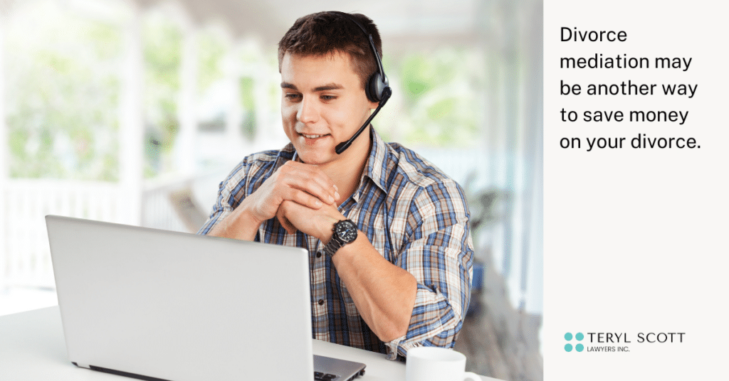 A man is on a video conference for a divorce mediation session. Something he learned about when researching "how to save money on my divorce"