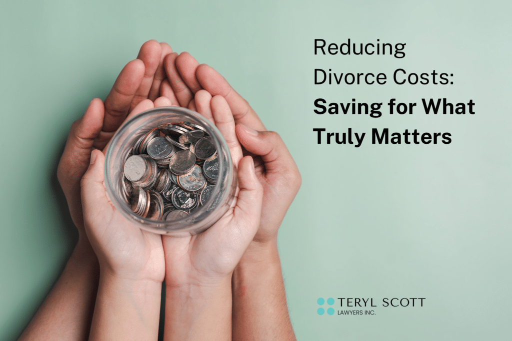 A child's hands lay in their parents hands while holding a jar of change. The text overlay reads "Reducing Divorce Costs: Saving for What Truly Matters"
