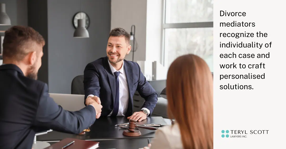 A divorce mediator shakes hand with a client after they have finished a meeting. The caption reads "Divorce mediators recognize the individuality of each case and work to craft personalised solutions."