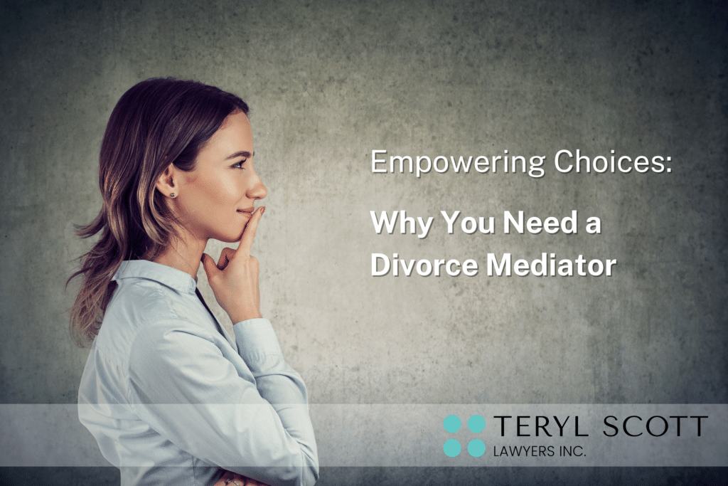 A woman stands thinking with her finger on her lip. She is looking at the words "Empowering Choices: Why You Need a Divorce Mediator".