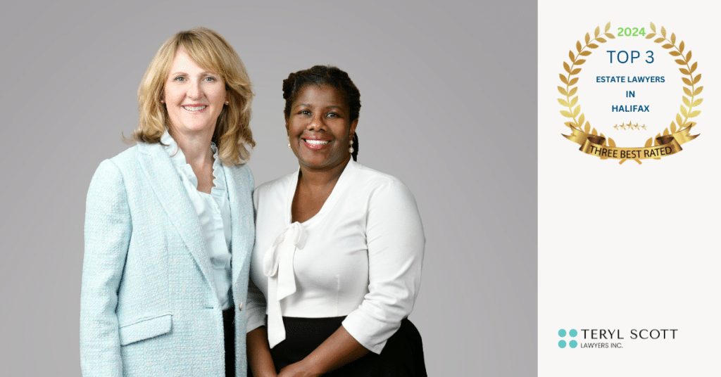 A photo of Teryl Scott's estate lawyers, Lisa Teryl and Tandiwe Nyajeka, is shown next to their award from Three best rated for "2024 top 3 estate lawyers in Halifax"