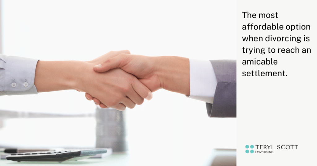 A man and woman are shaking hands in a professional setting with the description "The most affordable option when divorcing is trying to reach and amicable settlement."
