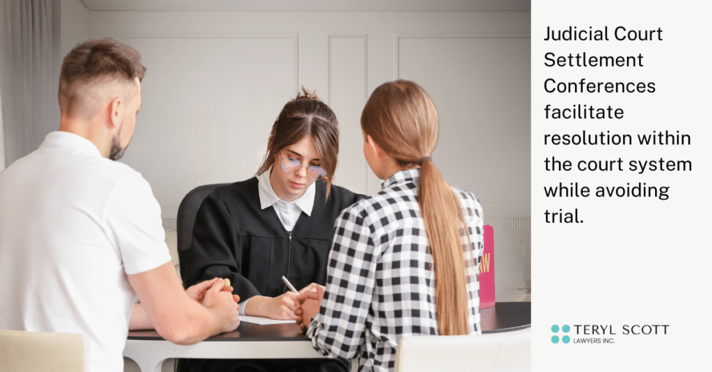 A man and woman sit with a judge at a judicial settlement conference, trying to save on the cost of their divorce in Nova Scotia.