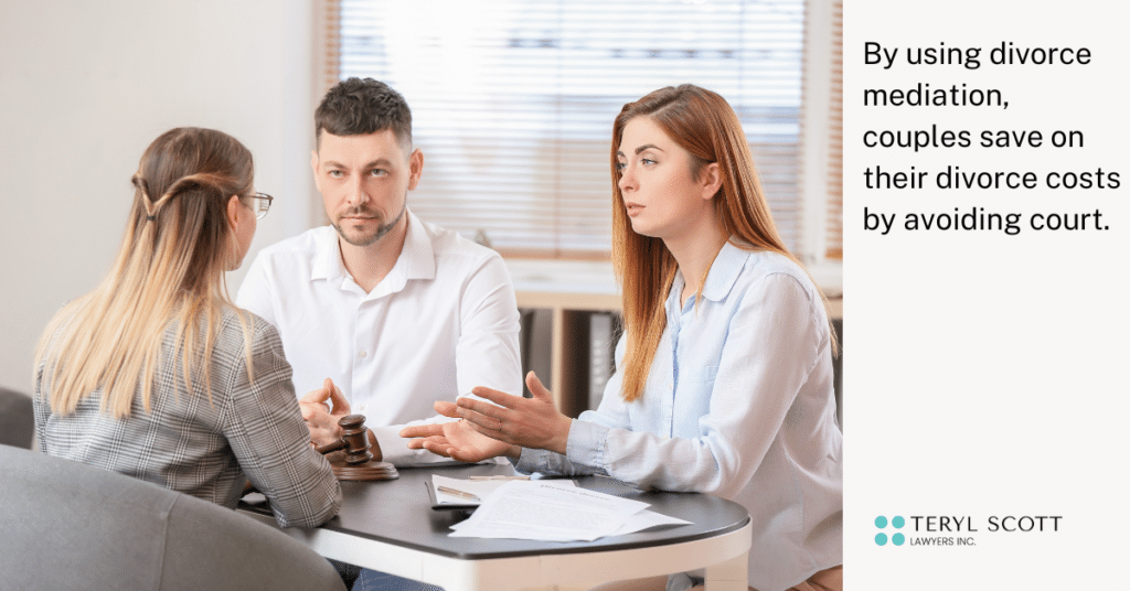 A man and woman sit with a neutral mediator to work out their divorce, saving on the cost of a full divorce trial in Nova Scotia.