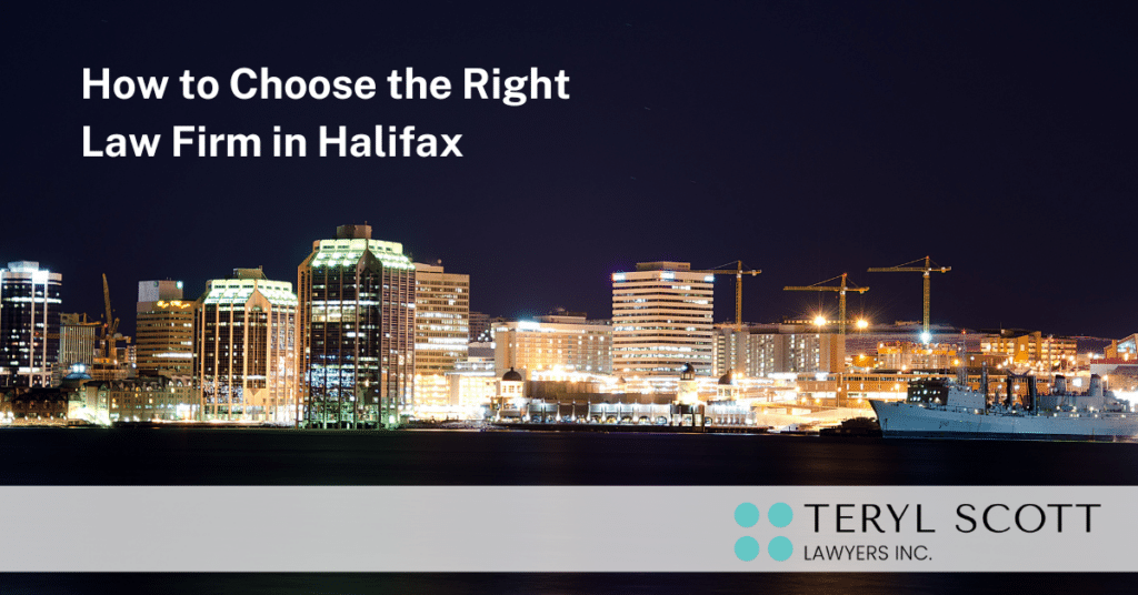 The title of the blog "How to Choose the Right Law Firm in Halifax" is overlaid over a photograph of the skyline at night.