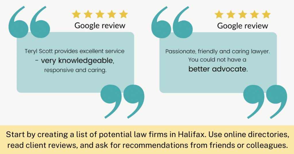 Two 5 star reviews for Teryl Scott Lawyers are displayed above the text "Start by creating a list of potential law firms in Halifax. Use online directories, read client reviews, and ask for recommendations from friends or colleagues."