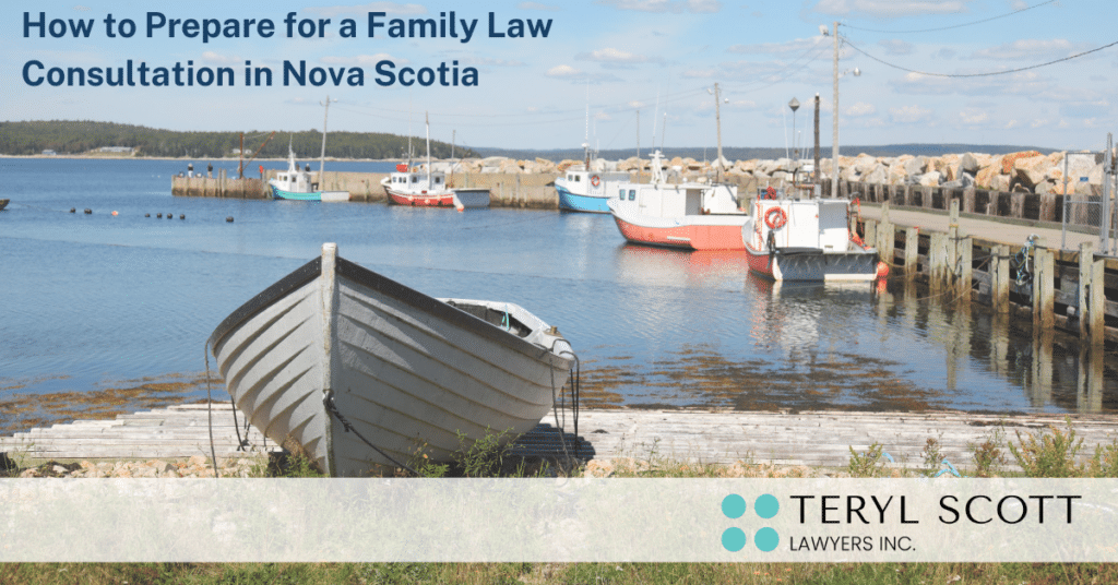 The title of the blog "How to Prepare for a Family Law Consultation in Nova Scotia" is overlaid over a photograph of a Nova Scotia wharf scene.