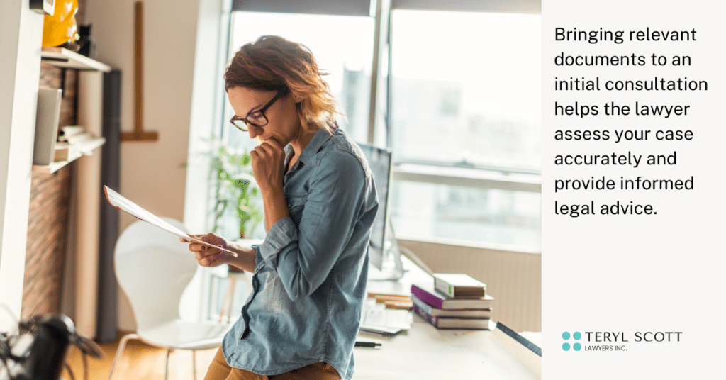 A woman looks at some documents and a note says "Brining relevant documents to an initial consultation helps the lawyer assess your case accurately and provide informed legal advice."