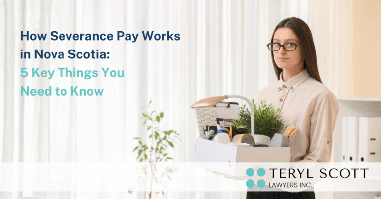 The title for the blog "Severance Pay in Nocas Scotia: 5 Key Things You Need to Know" is overlaid over a picture of a woman holding her belongings in a box, getting ready to leave her office.
